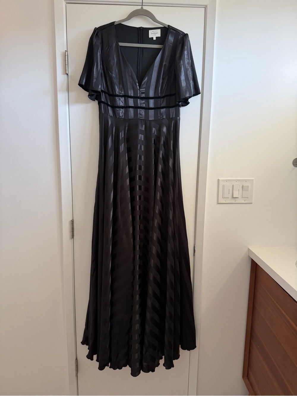bohme Black Satin Maxi Dress with Flutter Sleeves